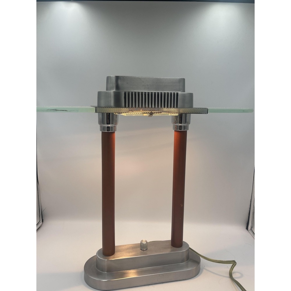 Vintage Art Neo Deco Modernist Table Lamp Frosted Glass Aluminum Post UL E127520